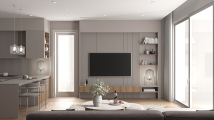 Cozy beige and wooden living room and kitchen in modern apartment, table with flowers, dining table with chairs. Carpet and parquet, television, big window, interior design idea