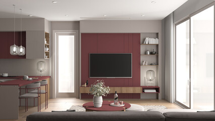 Cozy red and wooden living room and kitchen in modern apartment, table with flowers, dining table with chairs. Carpet and parquet, television, big window, interior design idea