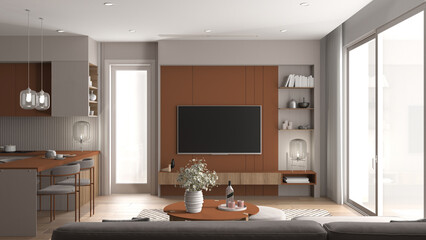 Cozy orange and wooden living room and kitchen in modern apartment, table with flowers, dining table with chairs. Carpet and parquet, television, big window, interior design idea