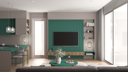Cozy turquoise and wooden living room and kitchen in modern apartment, table with flowers, dining table with chairs. Carpet and parquet, television, big window, interior design idea