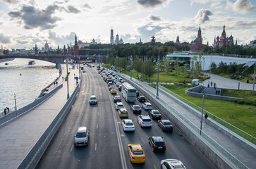 Moscow in summer. View of the Moskvoretskaya embankment and the Kremlin.