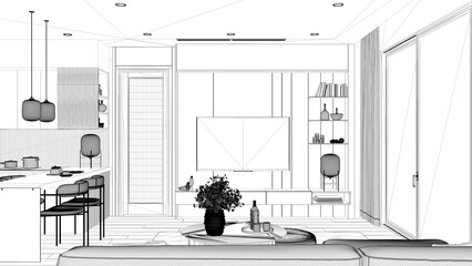 Blueprint project draft, living room and kitchen in modern apartment, table with flowers, dining table with chairs. Carpet and parquet, television, big window, interior design idea