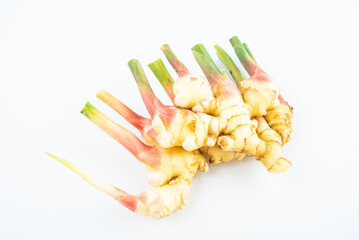 Piece of fresh tender ginger on a white background