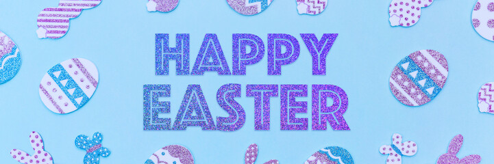 Happy Easter Banner. Glitter decorative Easter purple eggs and bunnies on a blue background. Sparkling gradient text Happy Easter made in trendy colors.