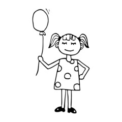 Hand drawn doodle little girl with a balloon. Black and white cute kid. Outline.