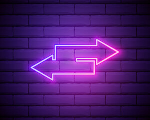 Neon arrow sign. Glowing neon arrow pointer on brick wall background. Retro signboard with bright neon tubes. Vector.