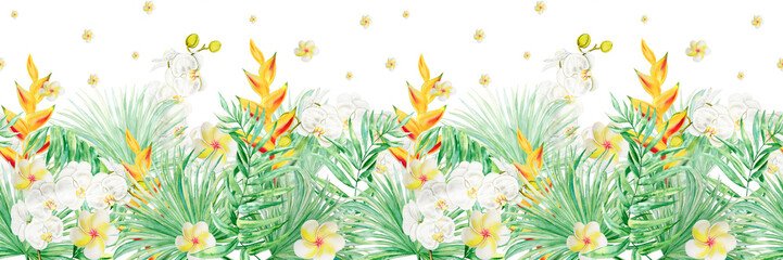 Hand drawn heliconia flowers and leaves of tropical plants. Seamless line horizontal pattern with watercolor exotic green tropical forest foliage and white orchid, frangipani on a white background. 