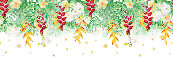 Watercolor illustration of tropical leaves and exotic flowers. Hand drawn tropical background. Seamless border for cards and wedding design. Wallpapers and invitations. Jungle foliage pattern