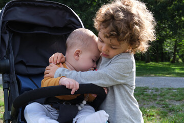 happy little sister hugging her little brother sitting in the baby stroller in a natural park