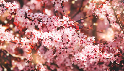 Lovely tender pring composition with pink cherry blossom flowers, natural banner background