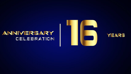 Obraz premium 16 year gold anniversary celebration logo, isolated on blue background