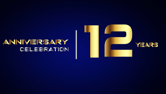 12 year gold anniversary celebration logo, isolated on blue background