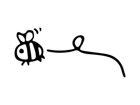 Hand drawn doodle cute bee. Vector bee flying on a route. Funny bumblebee. Outline.