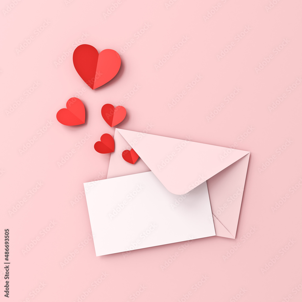 Aufkleber blank white paper card on pink envelope and red origami hearts isolated on pink pastel color backgro