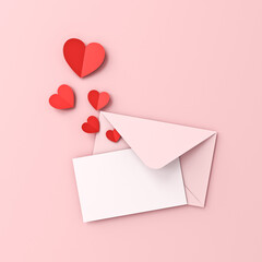 Blank white paper card on pink envelope and red origami hearts isolated on pink pastel color background with shadows minimal conceptual for valentines day 3D rendering