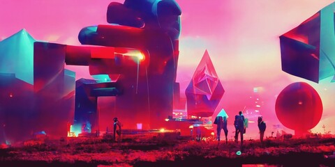 Cyberpunk Industrial Abstract Future Wallpaper. Futuristic concept. Pink Evening urban landscape. 3D illustration.