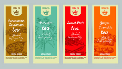 Sketchy colorful herbal tea cards set: Cocoa husk, Cardamon tea, Valerian tea, Sweet Chili tea, Ginger Turmeric tea - obrazy, fototapety, plakaty