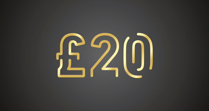 20 Pound Sterling internet website promotion sale offer big sale and super sale coupon code golden £20 discount gift voucher coupon black background