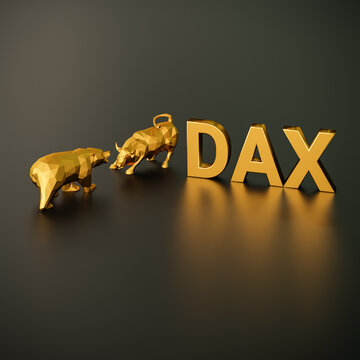 DAX stock index concept. A bull and bear besides the golden text DAX (German stock index called "Deutscher AktienindeX").