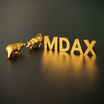 MDAX stock index concept. A bull and bear besides the golden text MDAX (German stock index called "Mid Cap DAX").