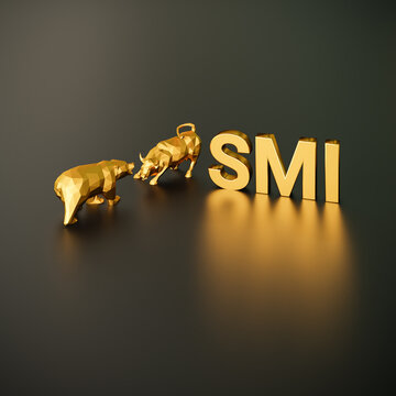 SMI Stock Index Concept. A Bull And Bear Besides The Golden Text SMI (Swiss Stock Index Called 