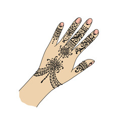 Female Hand with mehendi tattoo ornament for your design. Indian traditional lifestyle.