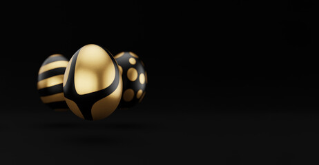 Falling luxury golden 3d easter eggs with pattern on black background. 3d rendering Happy Easter Luxury background with golden and black eggs
