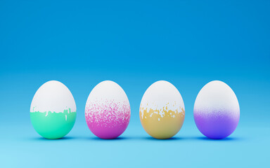 Row of funny easter eggs decorated with different colors and designs. 3D render illustration. Row of Happy Easter eggs in trendy colors on blue background, copy space. 3D rendering