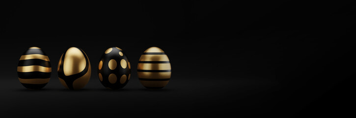 3d render luxury golden easter egg in row on dark background. Elegant painted black Easter eggs with golden shiny paint. Modern decoration, greeting card. 3D rendering illustration