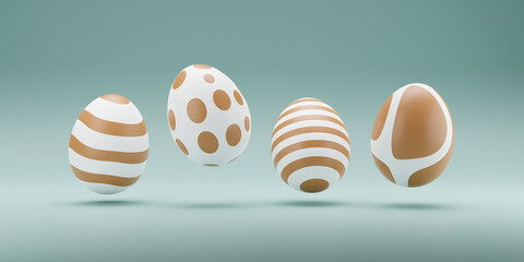 3D golden Eggs levitating on green background. easter eggs colorful decoration background. minimal holiday style design. 3d rendering. Natural creative composition render illustration