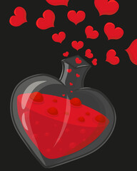 Glass flask in the shape of a heart with a love potion on a black background. Hearts fly out of the flask.