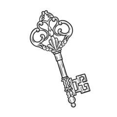 Hand drawn vintage key iolated on white. Vector illustration.