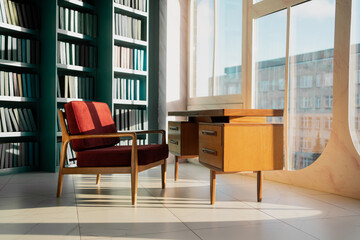 Modern stylish office, workplace, computer chair and desk.