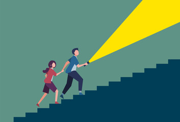 懐中電灯で照らしながら階段を上る男女　人物フラットイラスト