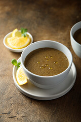 Traditional homemade lentil soup with lemon