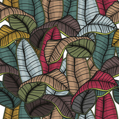 Seamless pattern of banana leaves. Botanical vector illustration. Decorations for the interior and the holiday. Magic flowers. Magic. Banana. Linear drawing. Postcard for March 8.