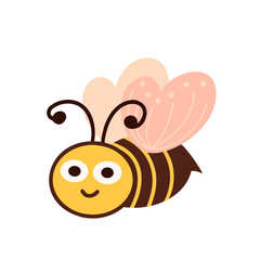 Cute Bee. Cartoon bee with big kind eyes. Insect character. Vector Illustration for backgrounds, covers, packaging, greeting cards, posters, stickers and seasonal design. Isolated on white background.