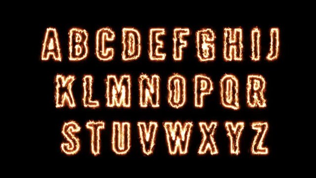 Burning Letters in Order. Flaming Alphabets Set with Fire Flames and Smokes. Hot Text Signs Animation. Majuscule and Minuscule letter 

