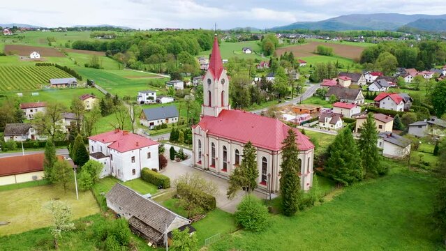 Drone video of Evangelical-Augsburg Church in Miedzyrzecze Gorne village, Silesia region of Poland