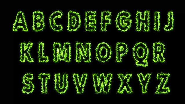 Green Energy Alphabets Animation. Glowing Letters With Green Flames and Smoke isolated on black. Motion Monster Text effect . 
