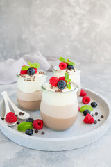 Dessert three chocolate in a glass jar with fresh blueberries, raspberries and blackberries on top on a gray concrete background. Dessert with three layers of different taste. Copy space.