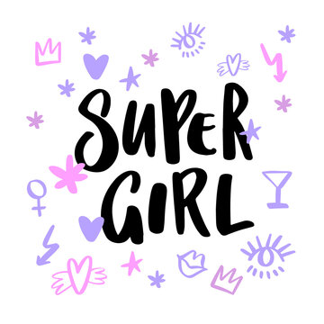 Lettering with hand-drawn elements and texts SUPER GIRL