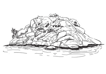 Illustration sketch Rocky island, landscape sea view, hand drawn outline.