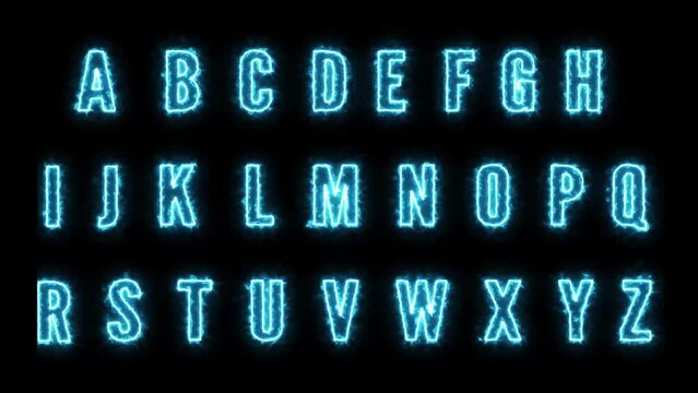 Electric Alphabets Set with neon Glow Effect. Futuristic Turquoise Letters with blue Energy Flames and Smokes. Technology Capital Letters Collection	
