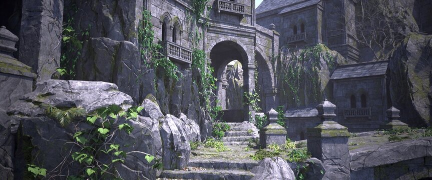 Ruins of the old stone sacred temple with green vegetation. Beautiful natural wallpaper. 3D illustration.