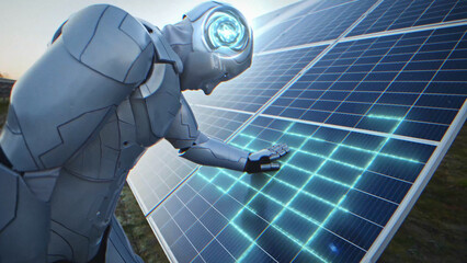 Artificial intelligence. Closeup of cybernetic robot man touching modern solar battery outside checking energy. Cyborg working online on station. Futuristic engineer working online for humanity future