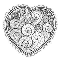 Hand drawn doodle heart coloring page. Black and white Valentine’s Day pattern for antistress coloring book. Love mandala. Vector illustration