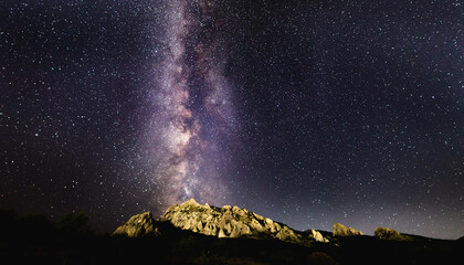 The concept of a scientific project on astronomy and astrophotography. The Milky Way in the starry sky over the Karadag mountain range on a summer night - obrazy, fototapety, plakaty