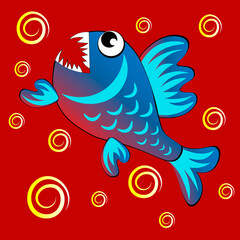 The illustration on a square background is a predatory evil piranha fish. Fabulous underwater world. Styling, cartoon style. Design element of books, notebooks, postcards, interior items. Wallpapers