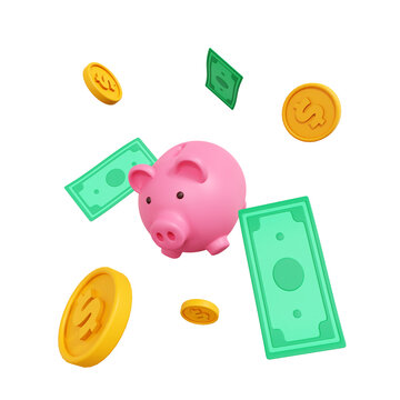 3d render of floating piggy bank with money and coins isolated